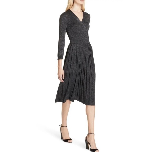 kate spade Dresses & Skirts - Kate Spade Metallic Dashing Beauty Knit V Neck Pleated Skirt Sweater Dress Sz XS